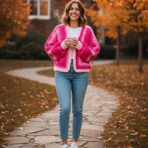 Hand-Crocheted Pink Magenta Hexagon cardigan Cozy Boho Chic Sweater New